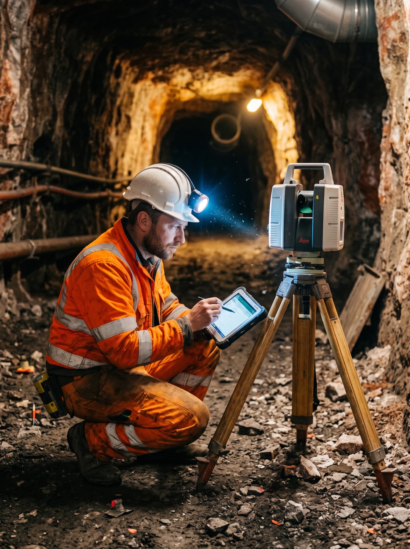Vermessungstechniker mit 3D-Laserscanner und Tablet untertage