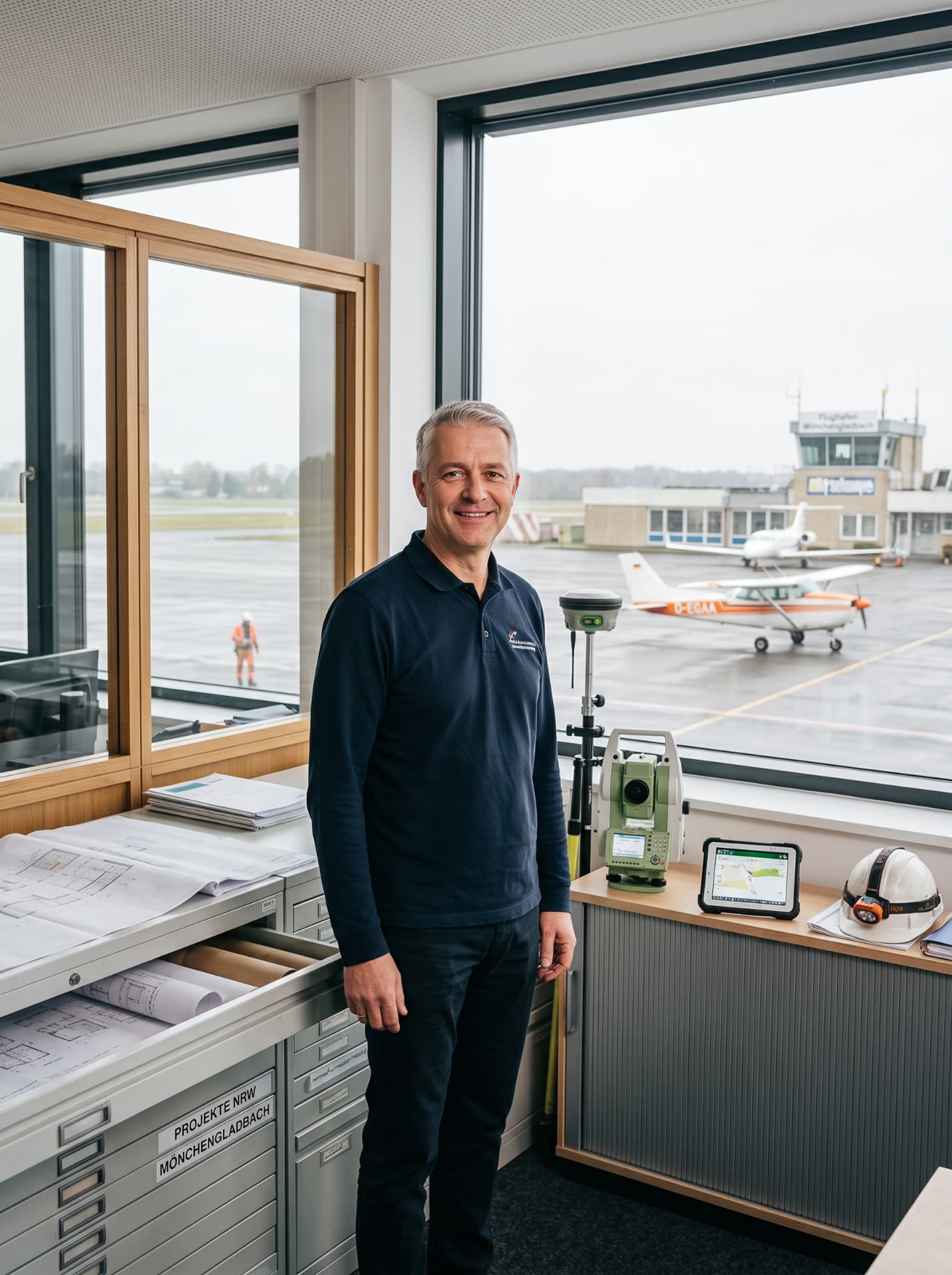 Mitarbeiter im Büro mit Messtechnik und Blick auf das Bildflugzeug