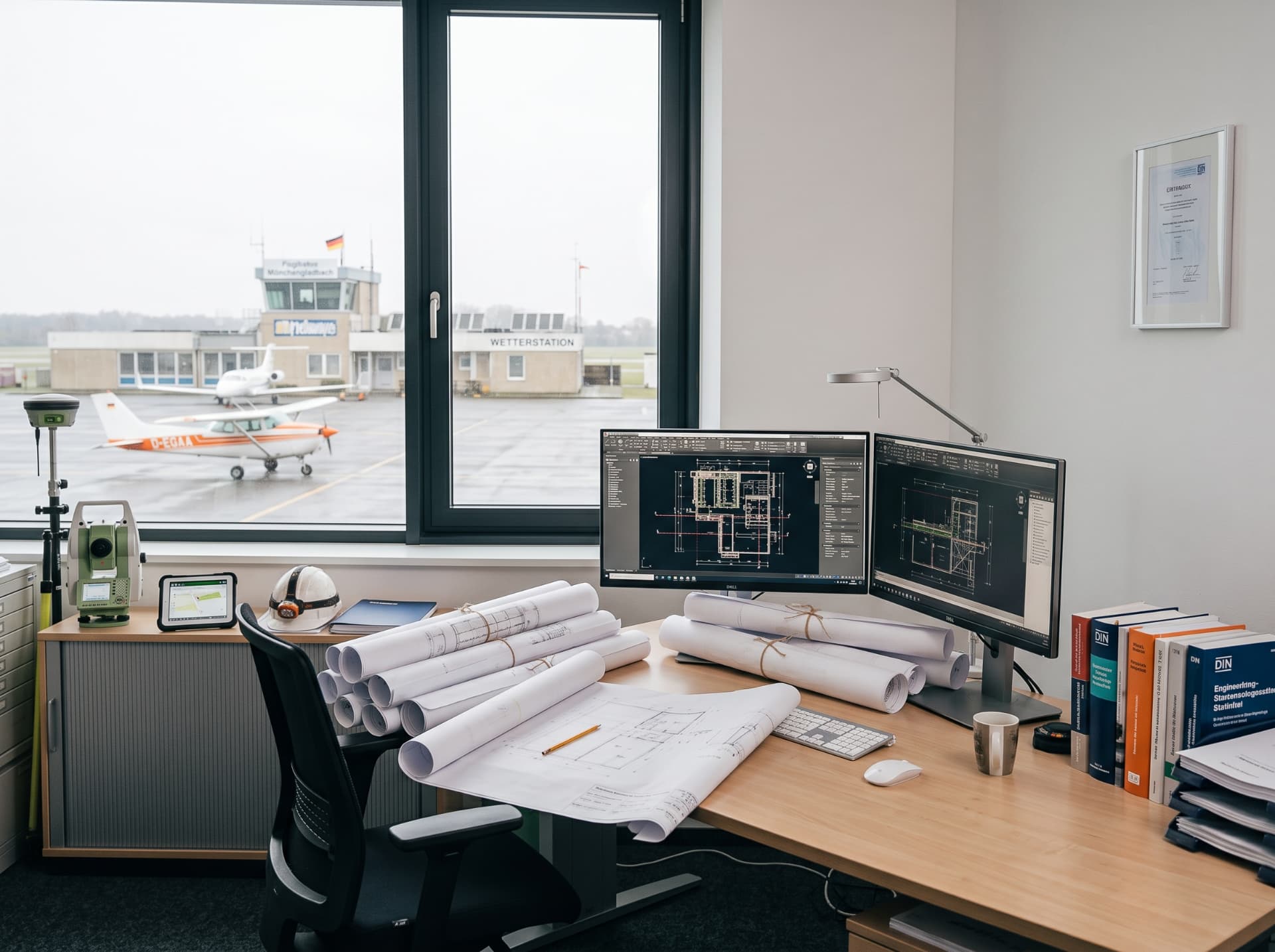 CAD-Arbeitsplatz mit Bauplänen und Blick auf den Flugplatz